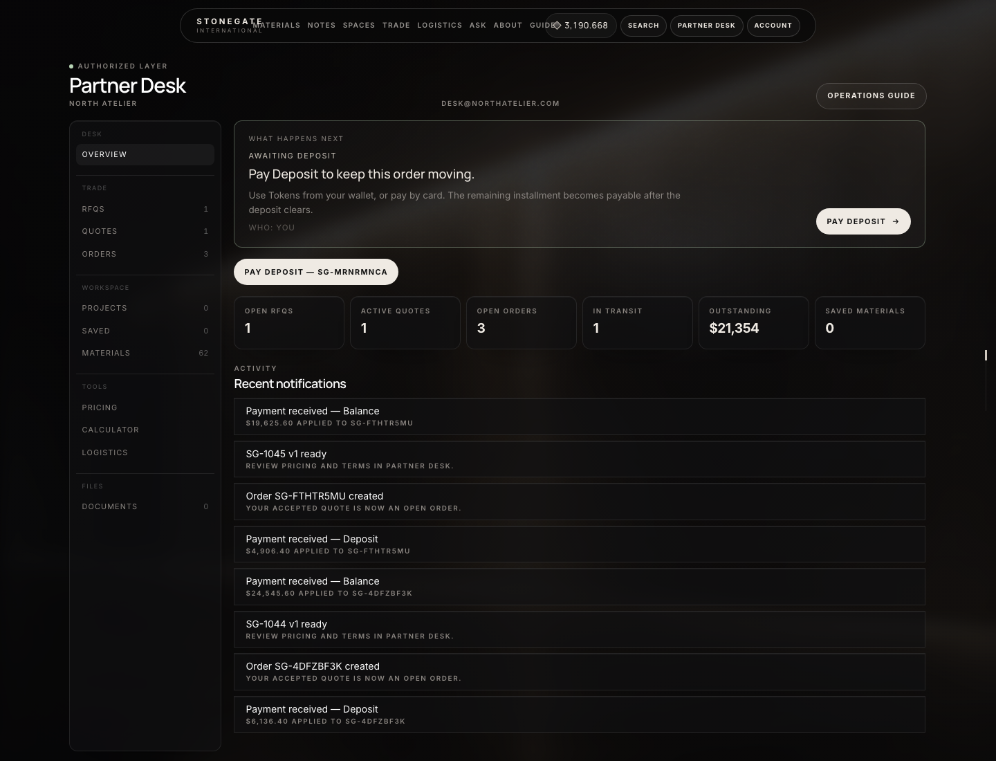 Partner Desk overview with next-step panel and metrics