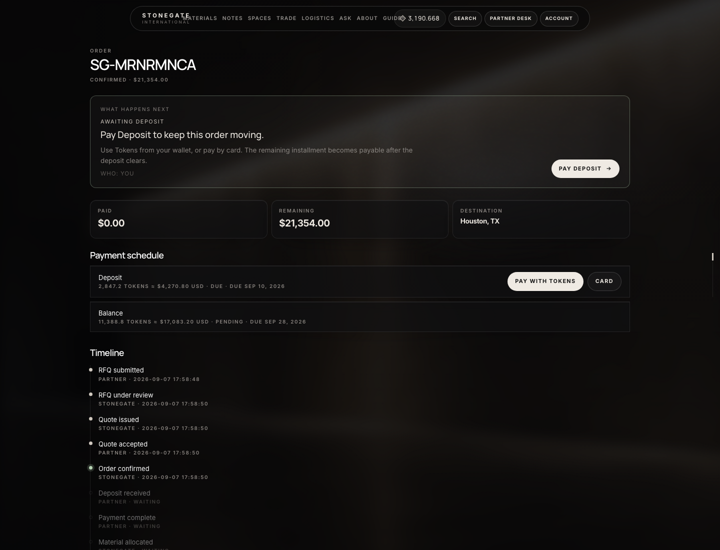 Trade order with deposit due
