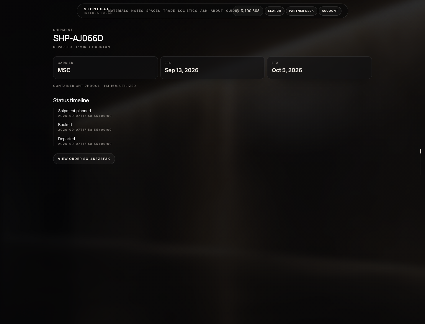Shipment in transit on Partner Desk