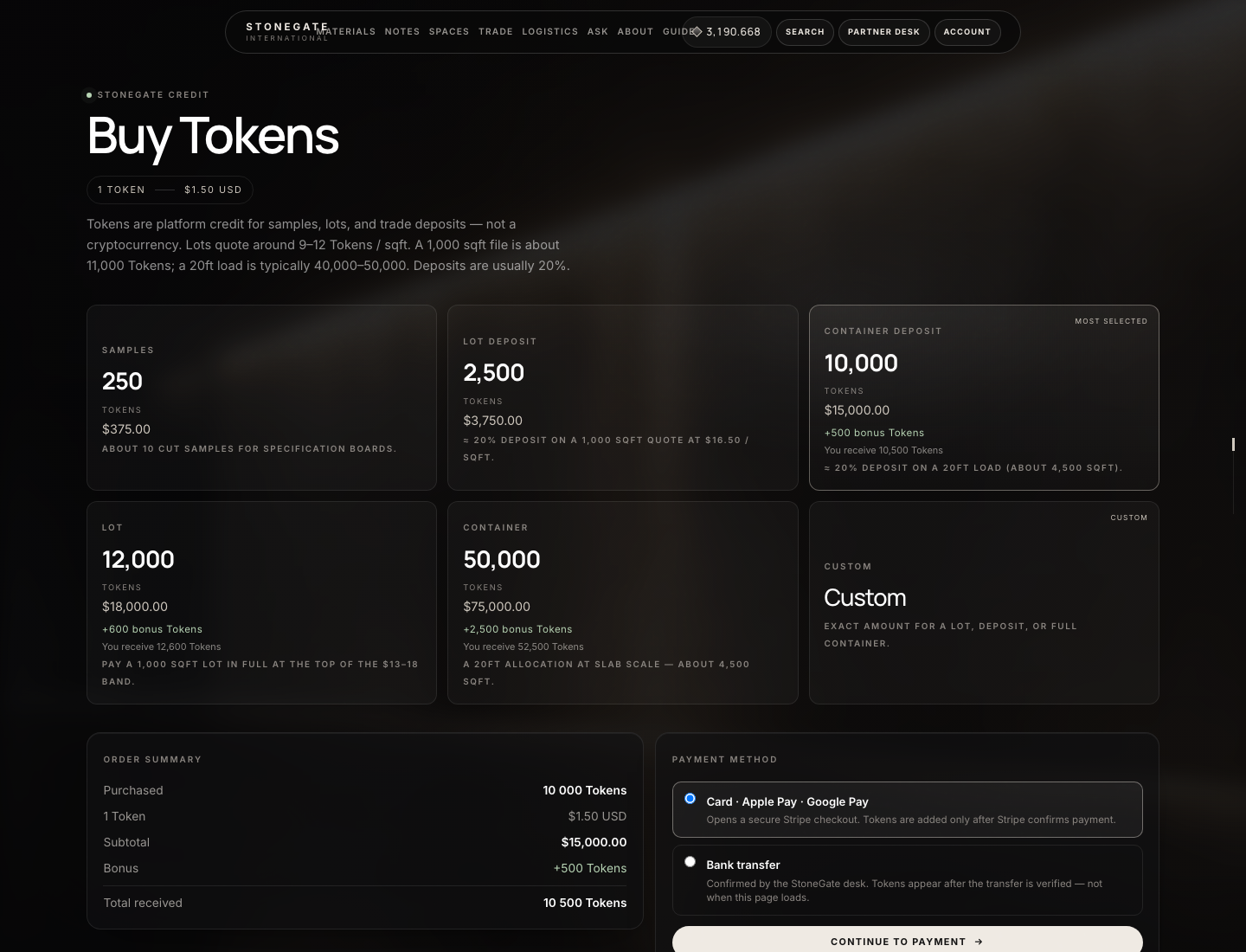 Buy Tokens packages